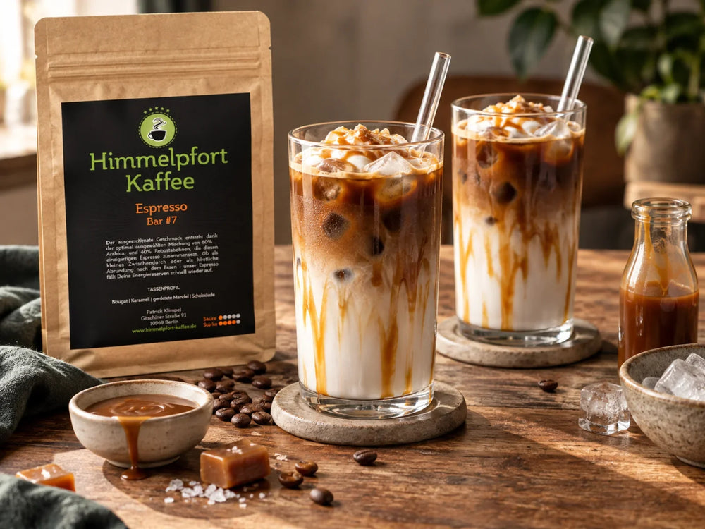 Iced Caramel Latte mit Espresso Bar #7, Milch, Eis und Karamell