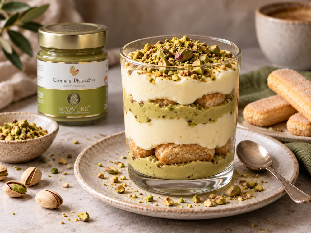 Pistazien-Tiramisu im Glas mit Mascarpone, Espresso, Pistaziencreme und gehackten Pistazien