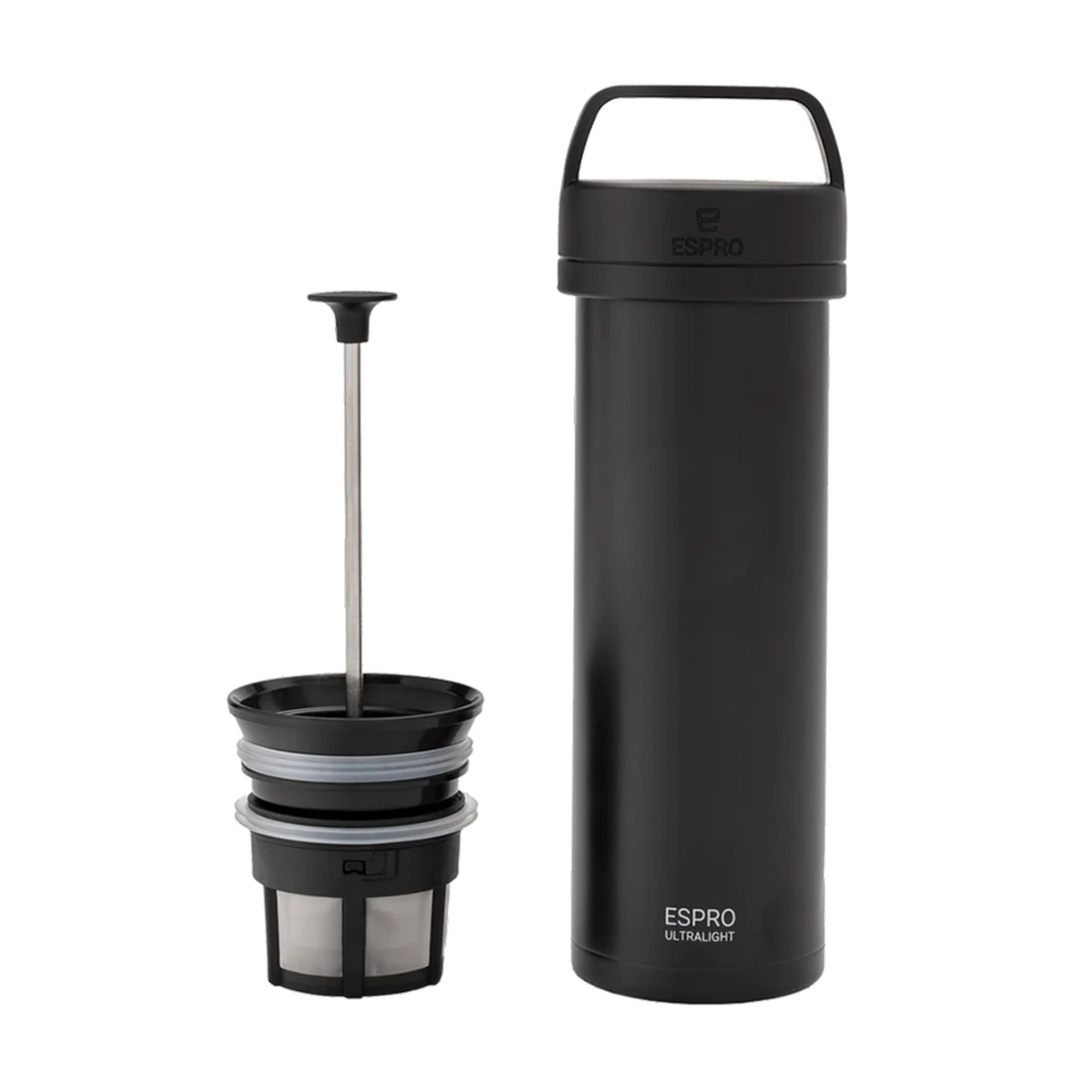 Espro P0 Ultralight – schwarze Reise-French-Press mit Filtereinsatz