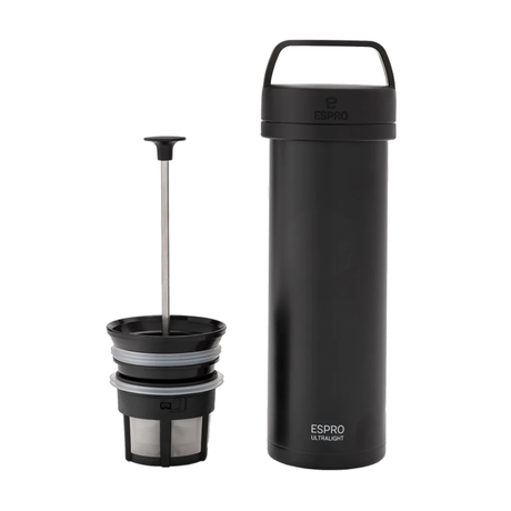 Espro P0 Ultralight – schwarze Reise-French-Press mit Filtereinsatz