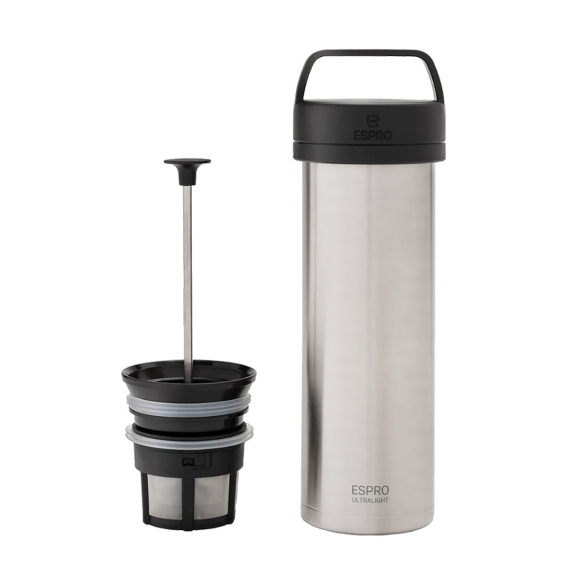 Espro P0 Ultralight – silberfarbene Reise-French-Press mit Filtereinsatz