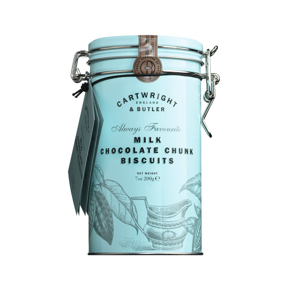 Cartwright und Butler Milk Chocolate Chunk Biscuits 200 g in blauer Metalldose