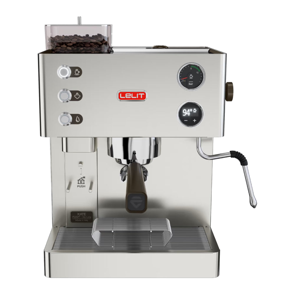 LELIT Kate PL82T Espressomaschine mit Mühle – Frontansicht mit Bohnenbehälter