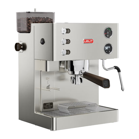 LELIT Kate PL82T Espressomaschine mit Mühle – schräge Frontansicht mit Bohnenbehälter