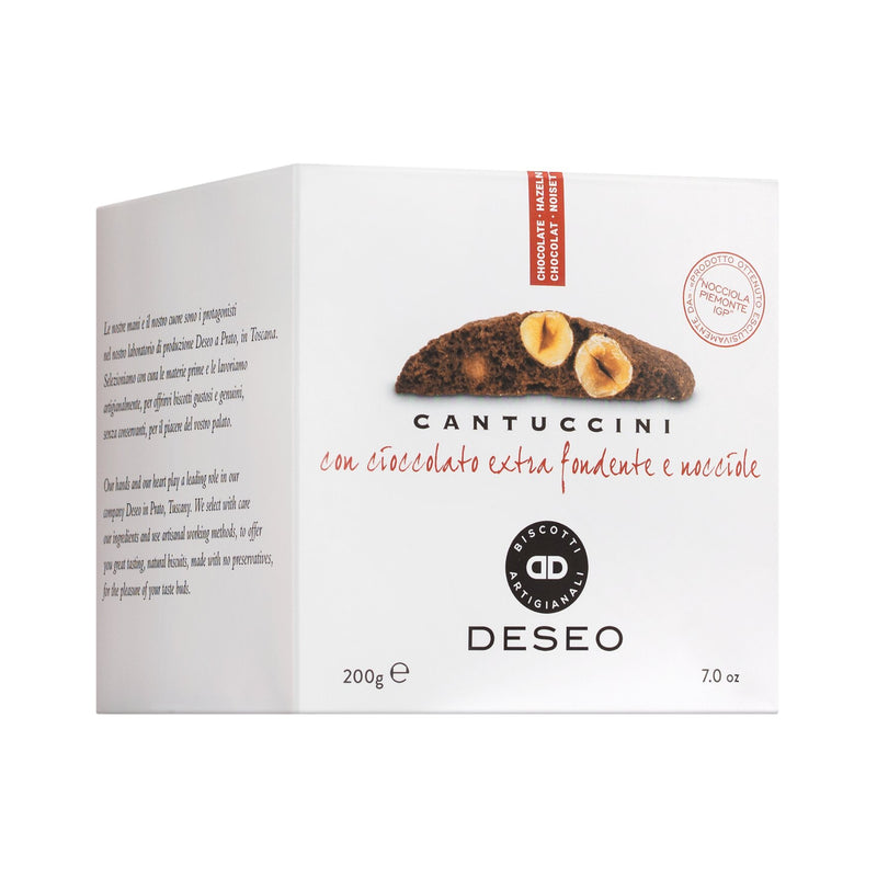 Cantuccini mit Haselnuss und Bitterschokolade von Deseo – Originalverpackung mit abgebildetem Gebäck