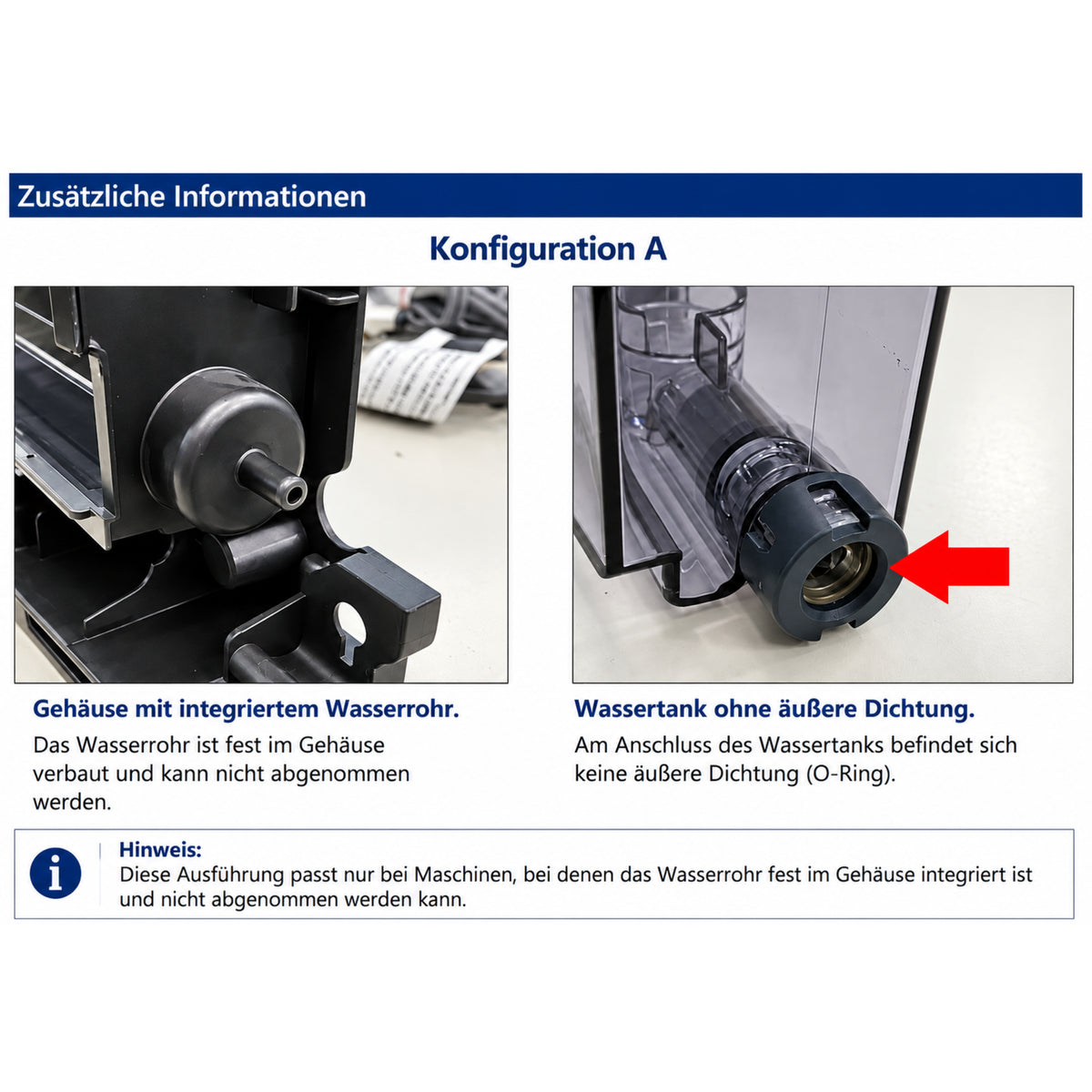 De’Longhi Wassertank AS13200250 – Konfiguration A – Erklärbild zum fest integrierten Wasserrohr und Anschluss ohne äußere Dichtung