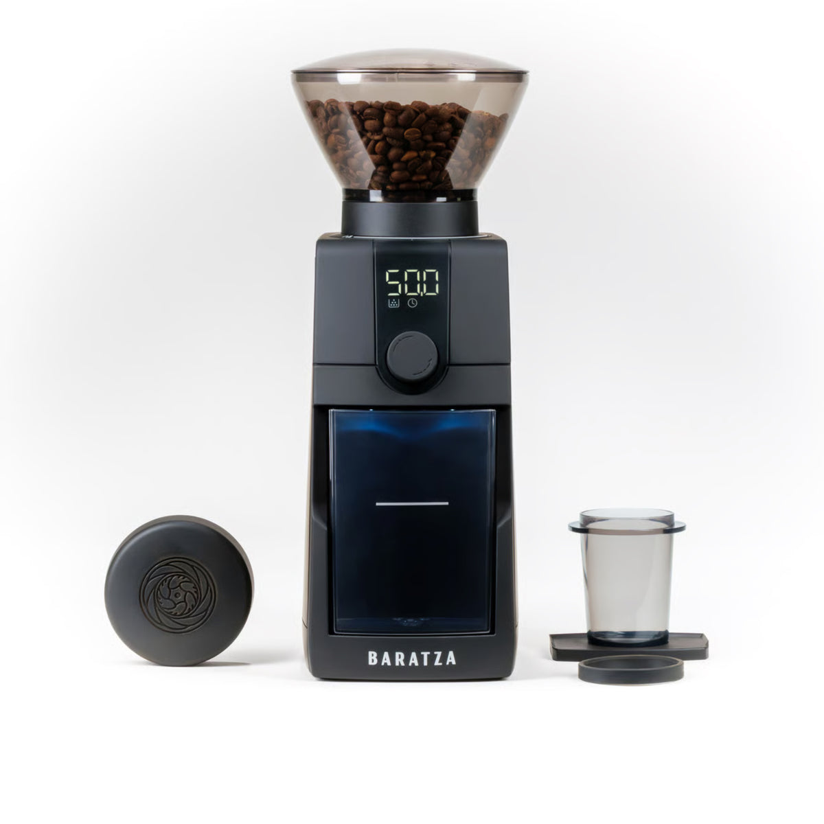 Baratza Encore ESP Pro – Frontansicht mit Dosierbecher und Zubehör
